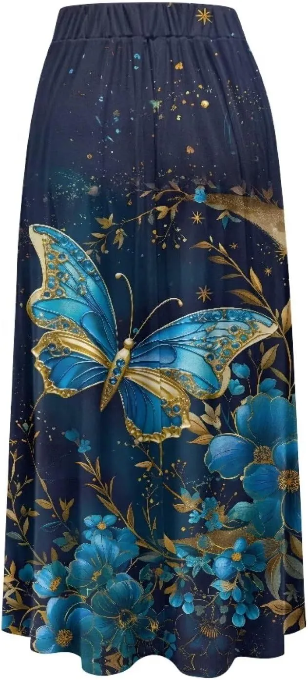 Women's Flowy Midi Skirts with Pockets Casual Pleated Elastic High Waistband Maxi Skirts Soft Swing A-Line Boho Long Skirt