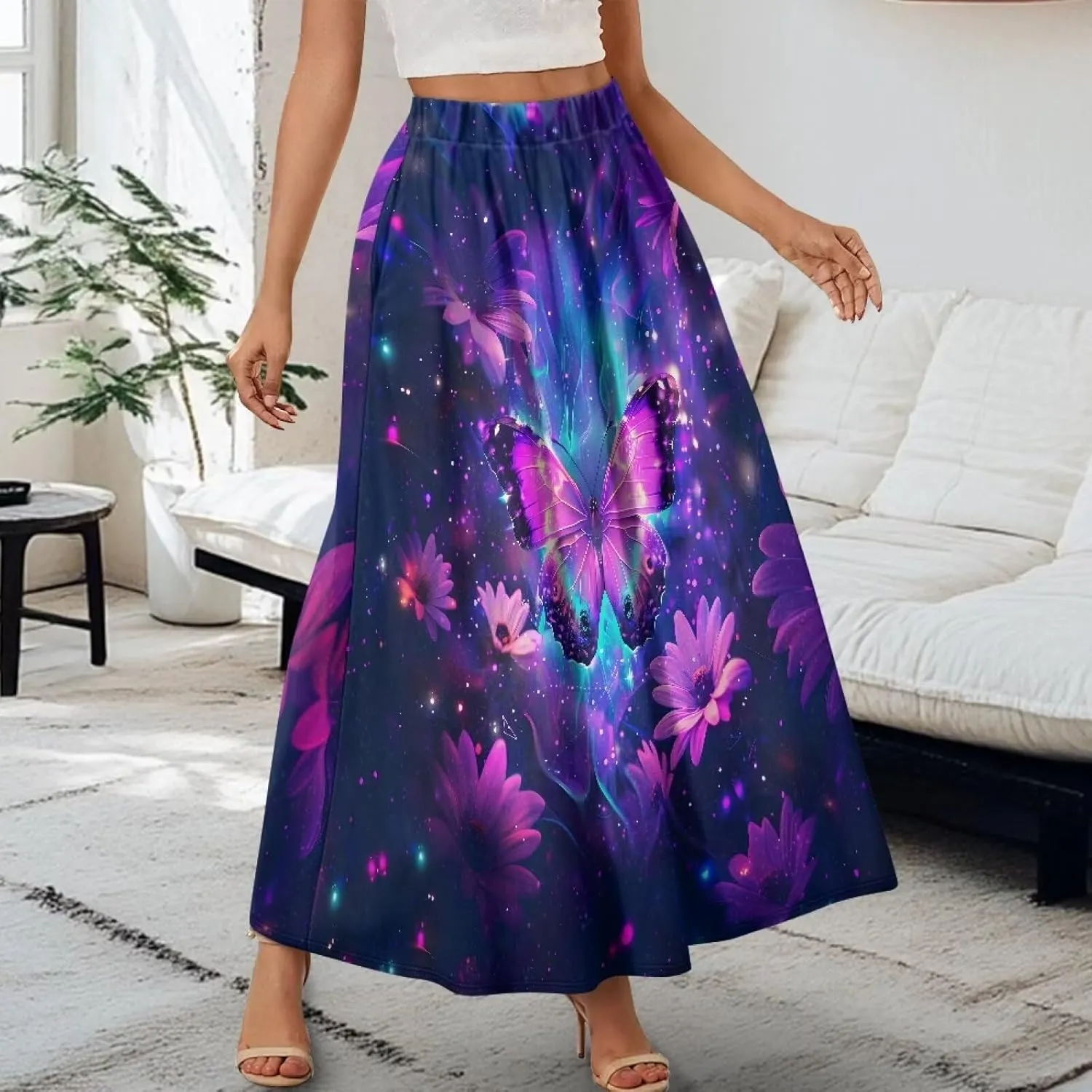 Women's Flowy Midi Skirts with Pockets Casual Pleated Elastic High Waistband Maxi Skirts Soft Swing A-Line Boho Long Skirt