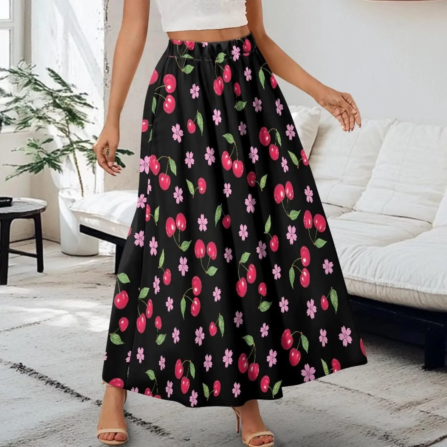 Women's Flowy Midi Skirts with Pockets Casual Pleated Elastic High Waistband Maxi Skirts Soft Swing A-Line Boho Long Skirt