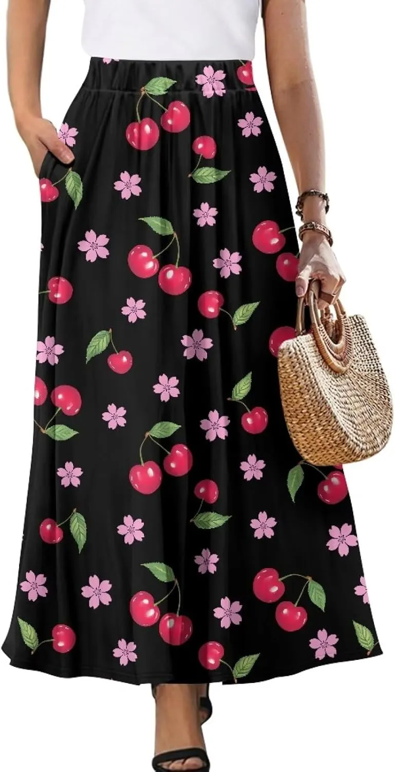 Women's Flowy Midi Skirts with Pockets Casual Pleated Elastic High Waistband Maxi Skirts Soft Swing A-Line Boho Long Skirt