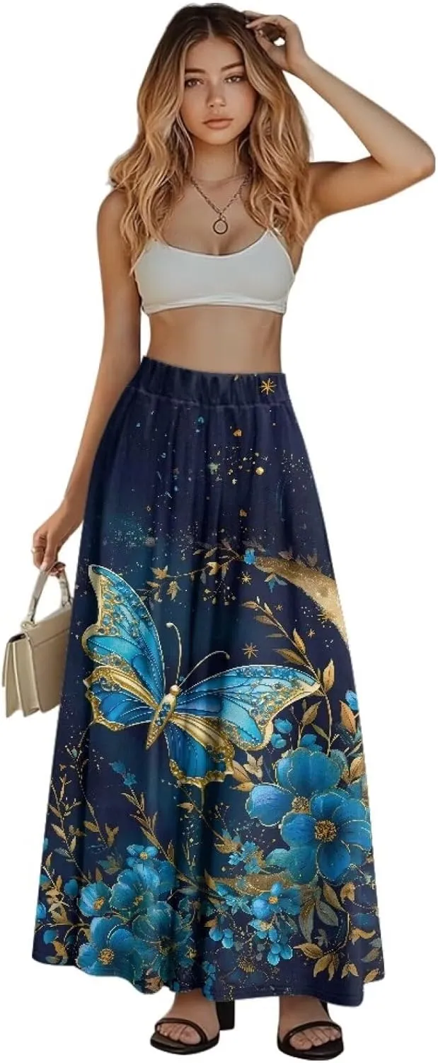 Women's Flowy Midi Skirts with Pockets Casual Pleated Elastic High Waistband Maxi Skirts Soft Swing A-Line Boho Long Skirt