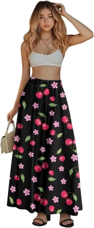 Women's Flowy Midi Skirts with Pockets Casual Pleated Elastic High Waistband Maxi Skirts Soft Swing A-Line Boho Long Skirt