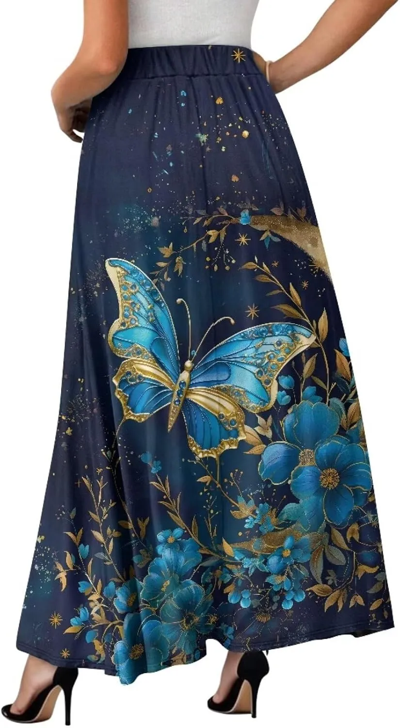 Women's Flowy Midi Skirts with Pockets Casual Pleated Elastic High Waistband Maxi Skirts Soft Swing A-Line Boho Long Skirt