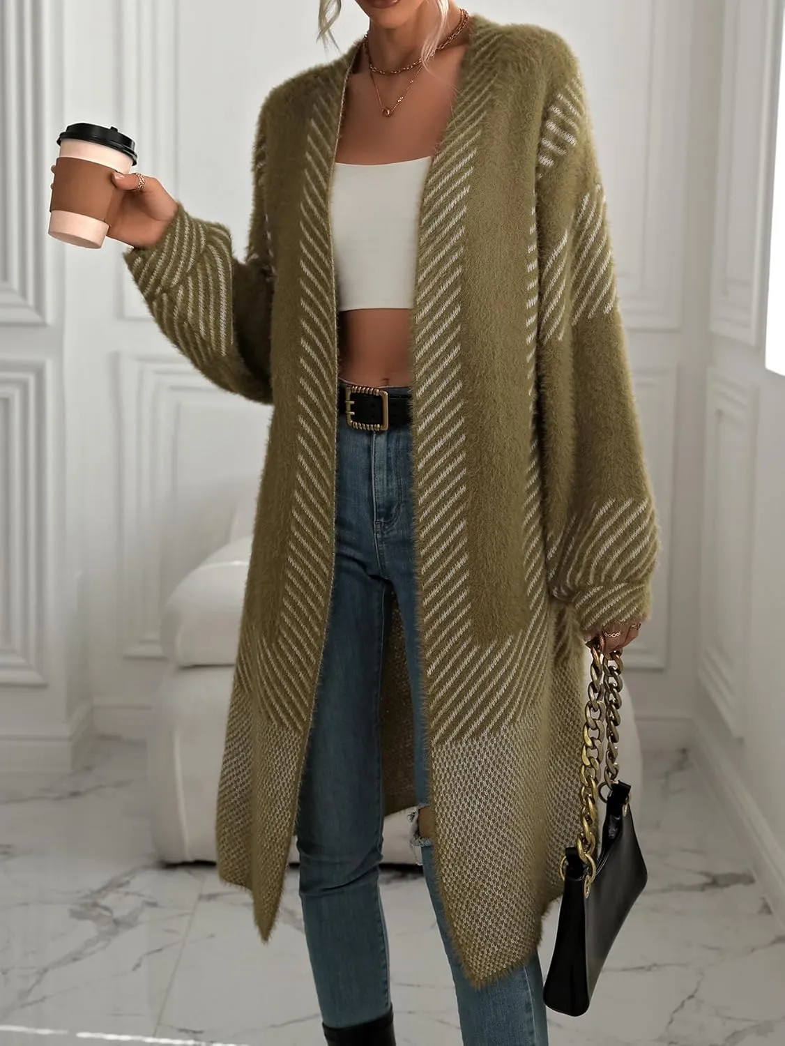 Women's Fuzzy Color Block Striped Cardigan Sweaters Open Front Diagonal Stripe Chunky Knit Coatigan Coat