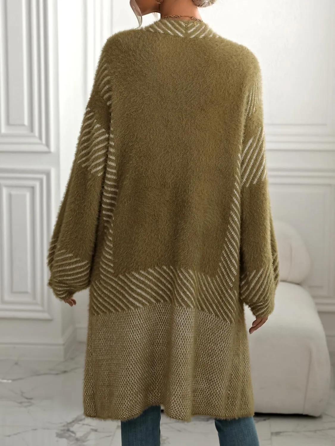 Women's Fuzzy Color Block Striped Cardigan Sweaters Open Front Diagonal Stripe Chunky Knit Coatigan Coat