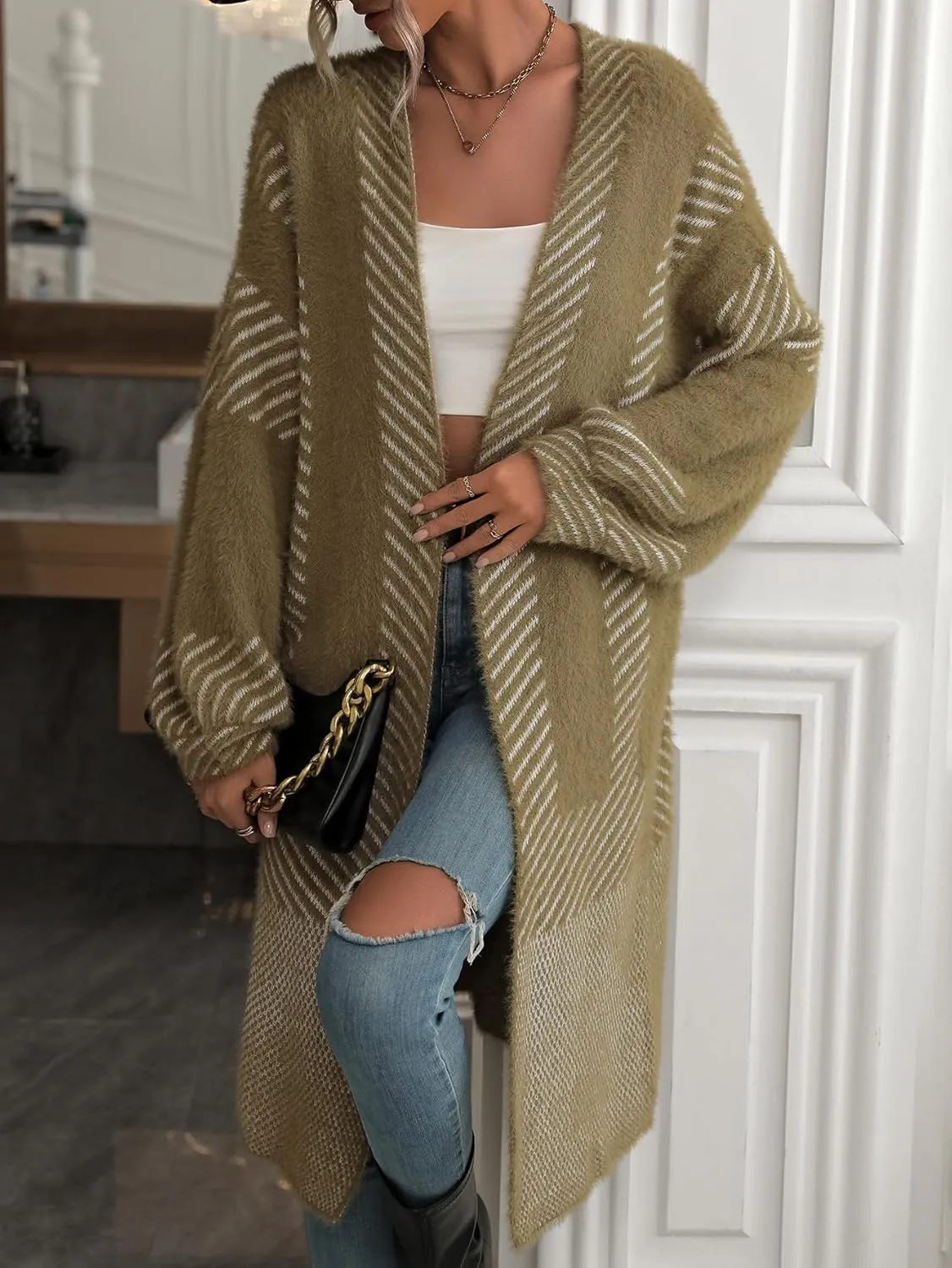 Women's Fuzzy Color Block Striped Cardigan Sweaters Open Front Diagonal Stripe Chunky Knit Coatigan Coat