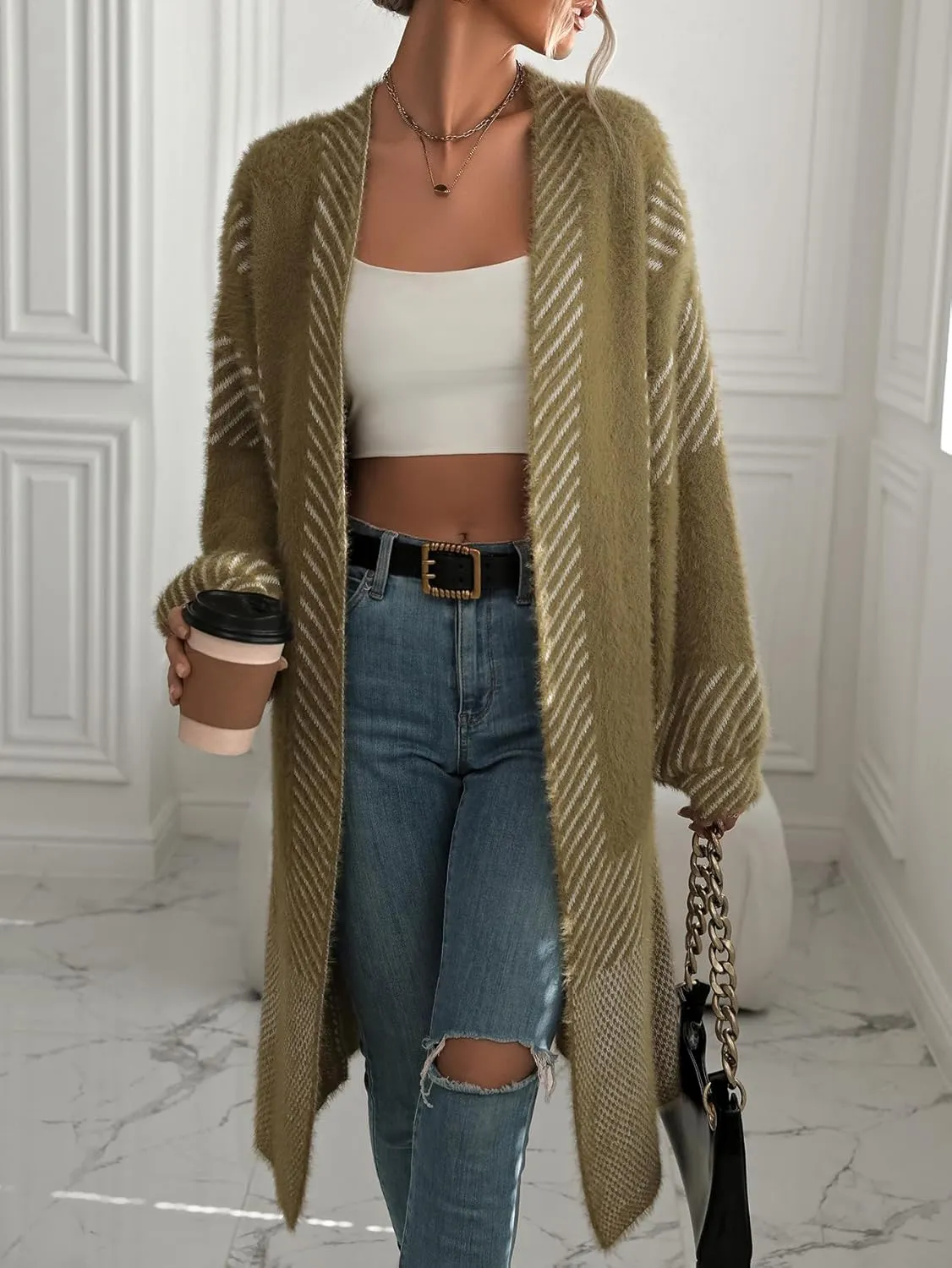 Women's Fuzzy Color Block Striped Cardigan Sweaters Open Front Diagonal Stripe Chunky Knit Coatigan Coat