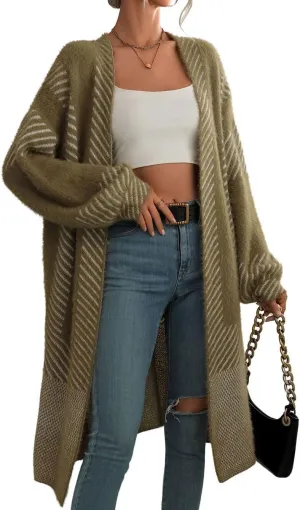 Women's Fuzzy Color Block Striped Cardigan Sweaters Open Front Diagonal Stripe Chunky Knit Coatigan Coat
