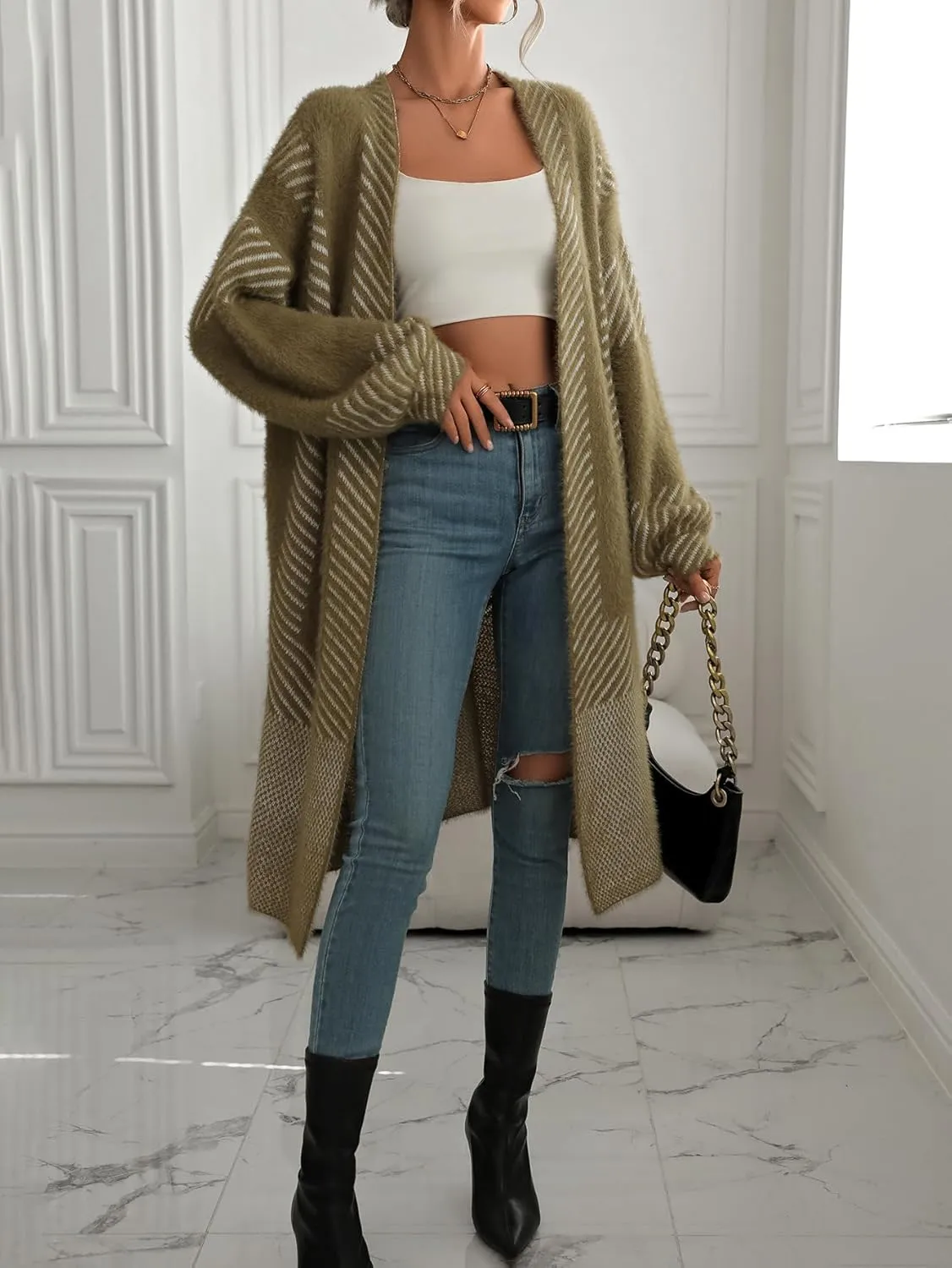 Women's Fuzzy Color Block Striped Cardigan Sweaters Open Front Diagonal Stripe Chunky Knit Coatigan Coat