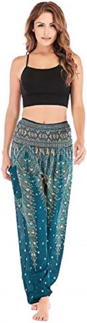 Women's Harem Hippie Pants Baggy Boho Patterned High Smocked Waist Yoga