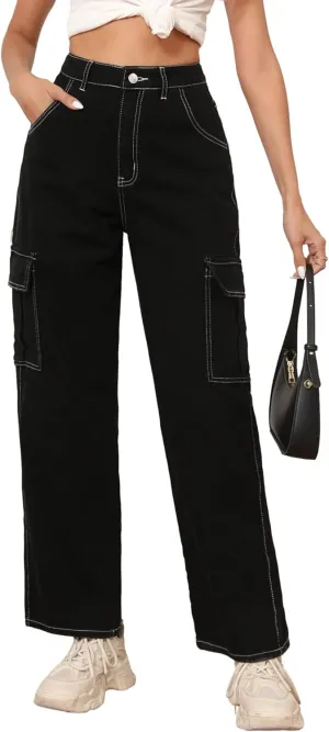 Women's High Waisted Cargo Pants Straight Wide Leg Pants with Flap Pocket Baggy Cargo Pants Relaxed Fit Y2K Pants