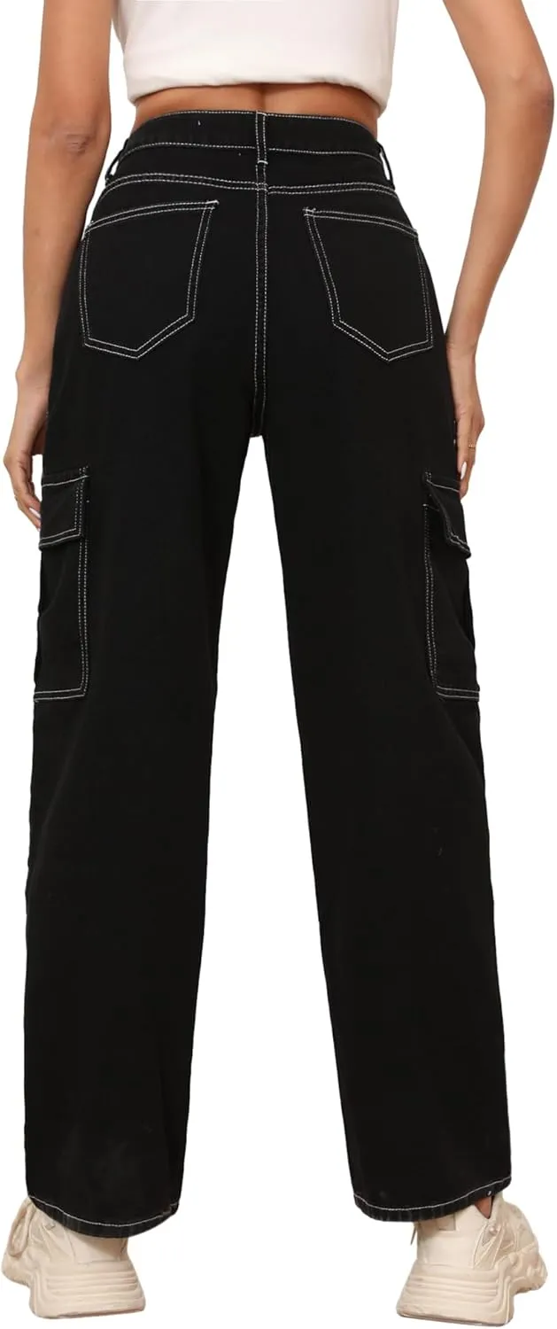 Women's High Waisted Cargo Pants Straight Wide Leg Pants with Flap Pocket Baggy Cargo Pants Relaxed Fit Y2K Pants