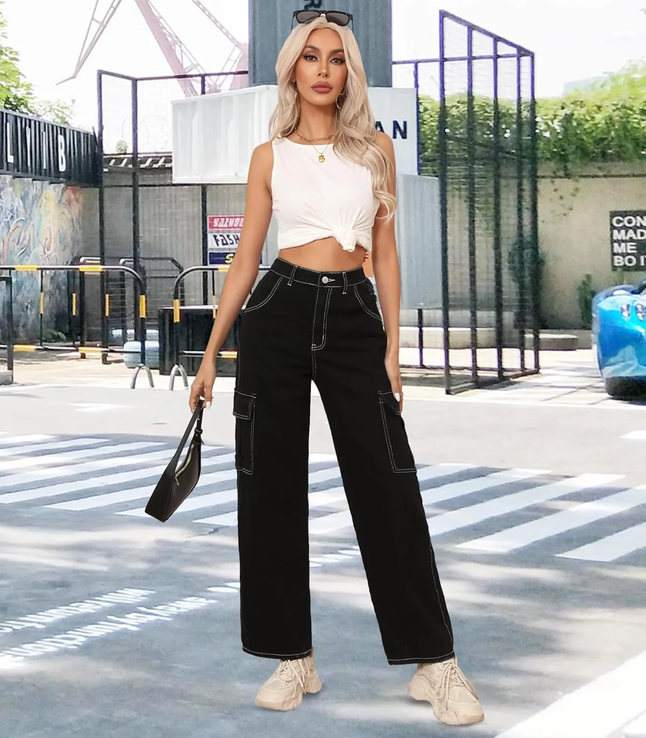 Women's High Waisted Cargo Pants Straight Wide Leg Pants with Flap Pocket Baggy Cargo Pants Relaxed Fit Y2K Pants