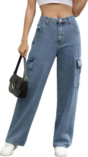 Women's High Waisted Cargo Pants Straight Wide Leg Pants with Flap Pocket Baggy Cargo Pants Relaxed Fit Y2K Pants