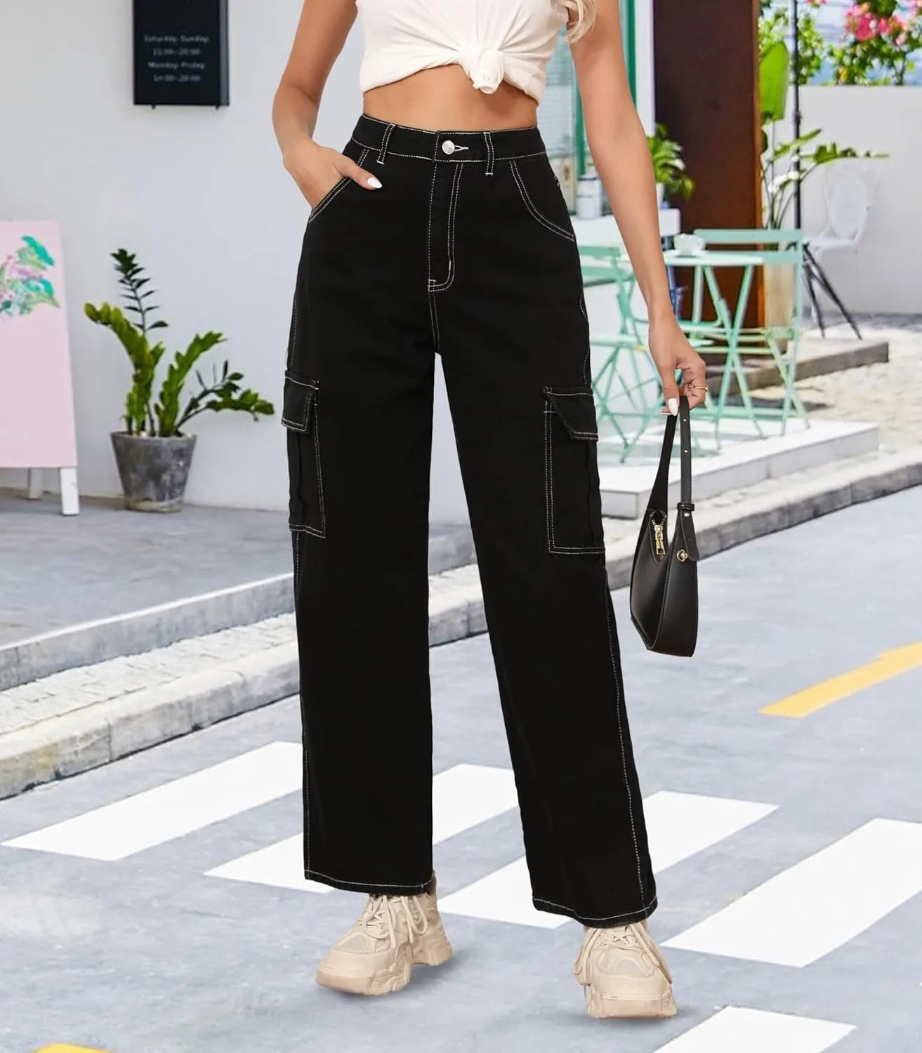 Women's High Waisted Cargo Pants Straight Wide Leg Pants with Flap Pocket Baggy Cargo Pants Relaxed Fit Y2K Pants