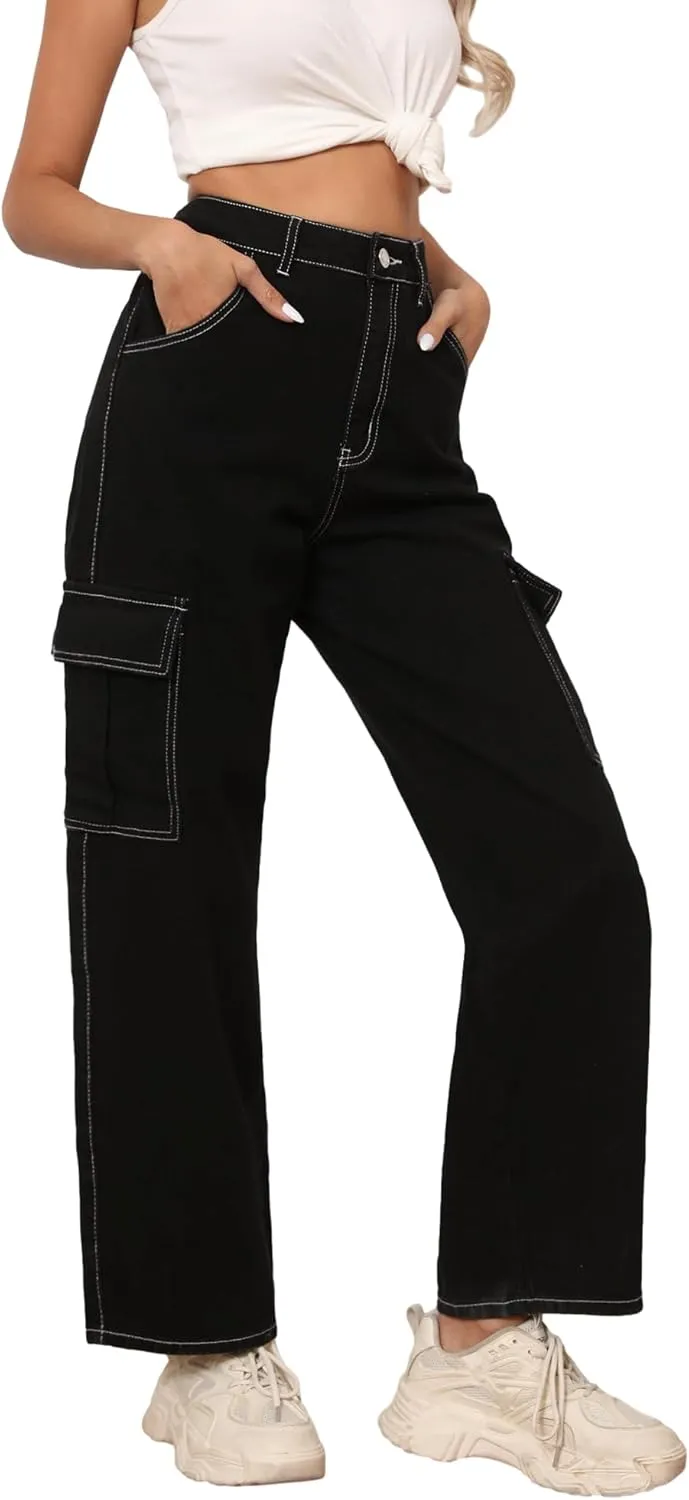 Women's High Waisted Cargo Pants Straight Wide Leg Pants with Flap Pocket Baggy Cargo Pants Relaxed Fit Y2K Pants
