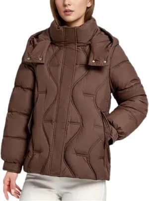 Women's Hooded High Neck Cotton-Padded Jacket Warm Casual Solid Stripe Pockets Parka Coat