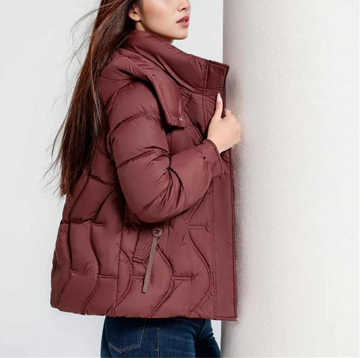 Women's Hooded High Neck Cotton-Padded Jacket Warm Casual Solid Stripe Pockets Parka Coat