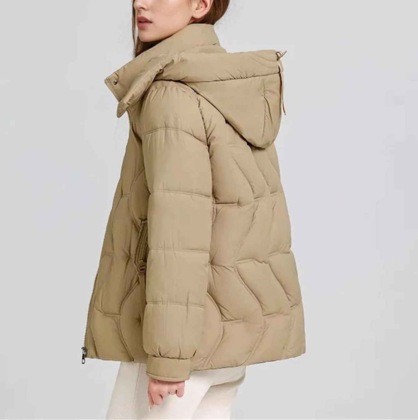 Women's Hooded High Neck Cotton-Padded Jacket Warm Casual Solid Stripe Pockets Parka Coat