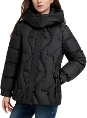 Women's Hooded High Neck Cotton-Padded Jacket Warm Casual Solid Stripe Pockets Parka Coat