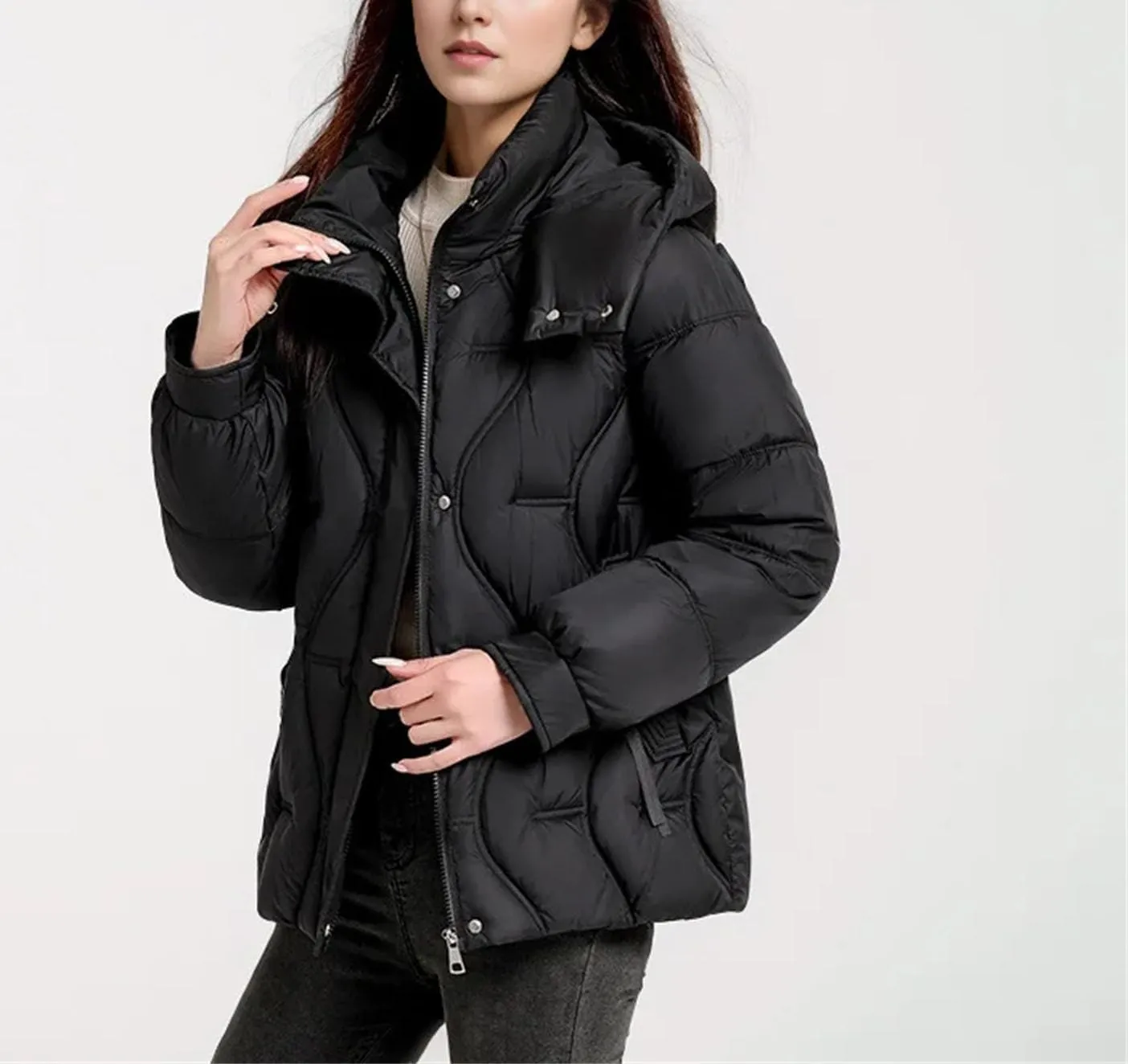 Women's Hooded High Neck Cotton-Padded Jacket Warm Casual Solid Stripe Pockets Parka Coat