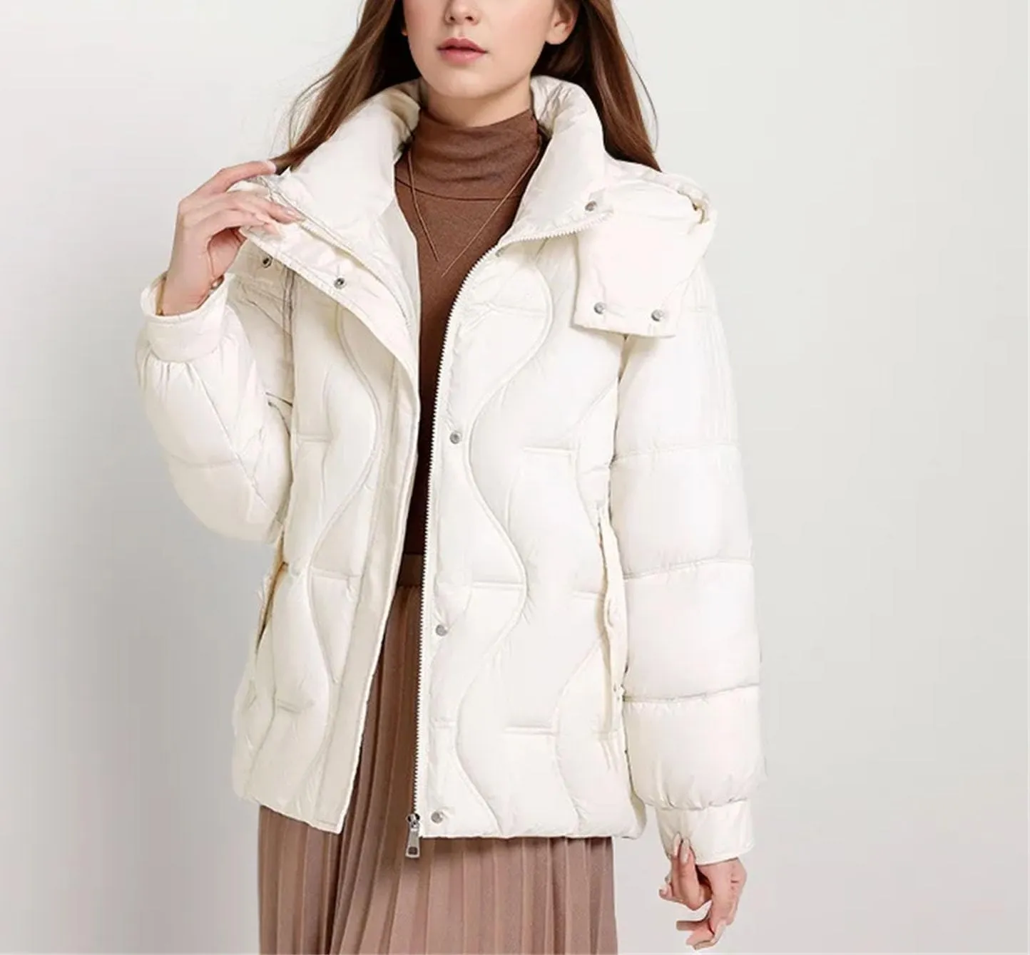 Women's Hooded High Neck Cotton-Padded Jacket Warm Casual Solid Stripe Pockets Parka Coat