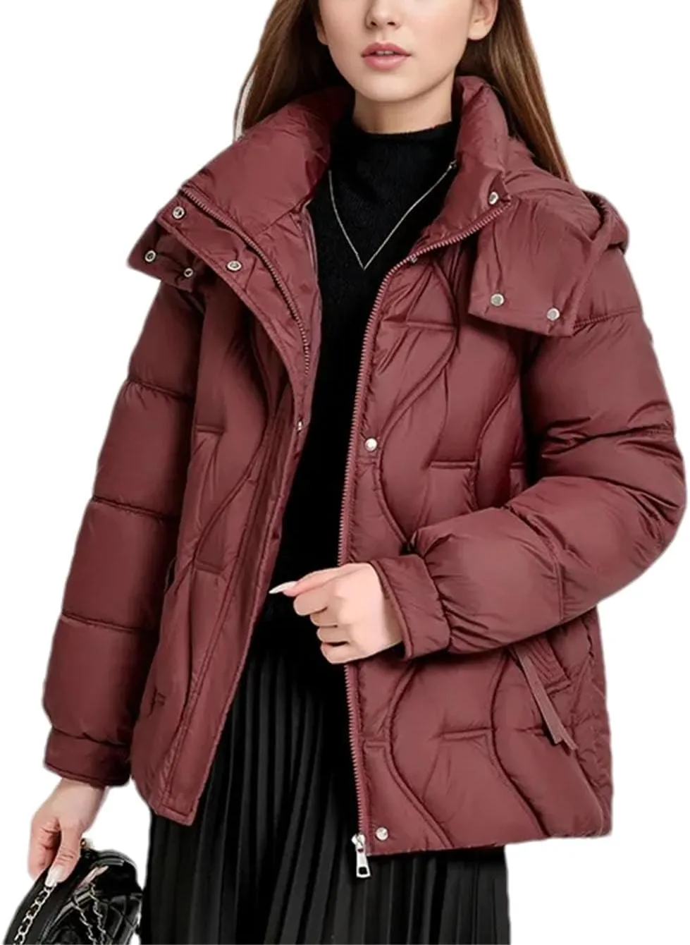 Women's Hooded High Neck Cotton-Padded Jacket Warm Casual Solid Stripe Pockets Parka Coat