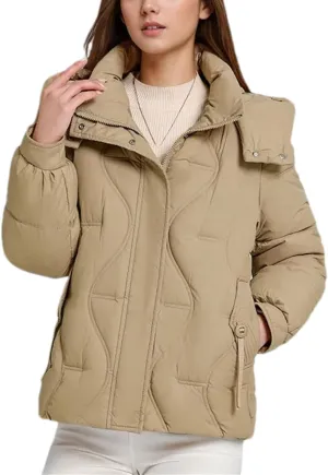 Women's Hooded High Neck Cotton-Padded Jacket Warm Casual Solid Stripe Pockets Parka Coat