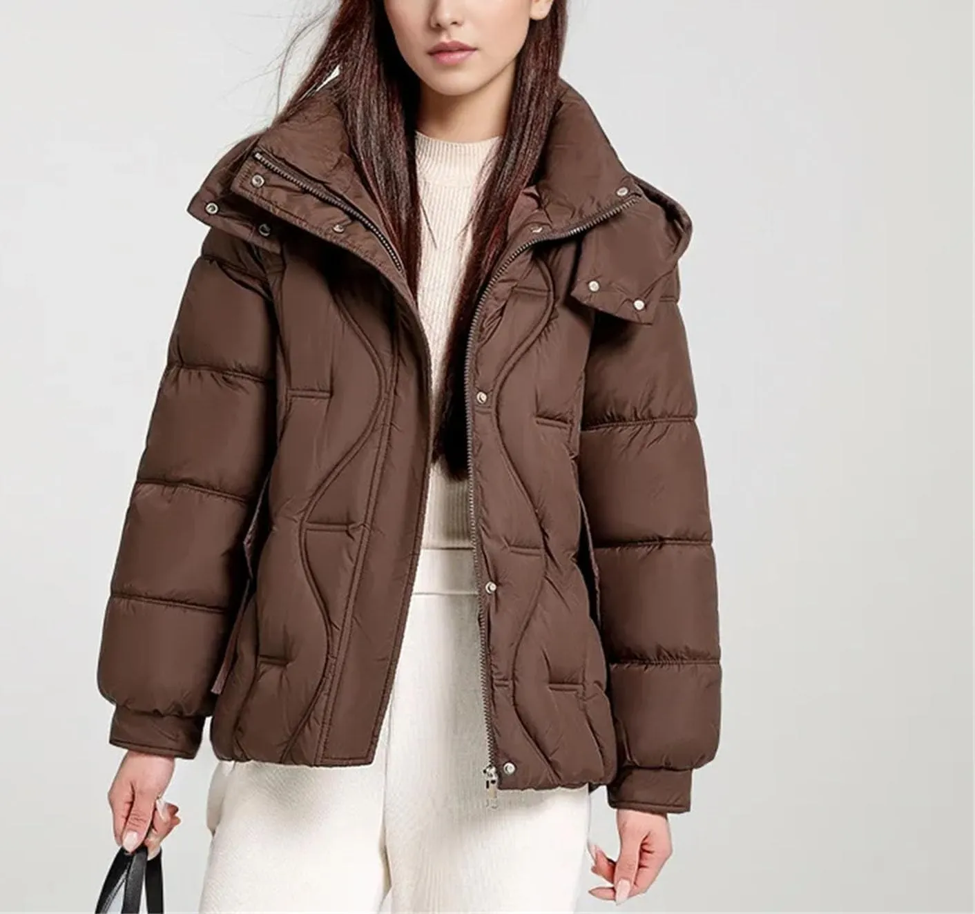 Women's Hooded High Neck Cotton-Padded Jacket Warm Casual Solid Stripe Pockets Parka Coat