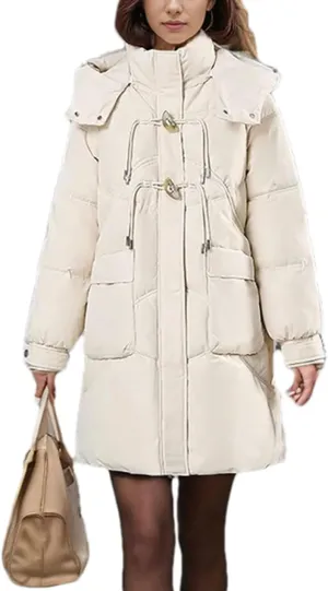Women's Hooded Mid-Long Cotton-Padded Jacket Casual Button Stand Collar Warm Parka Coat