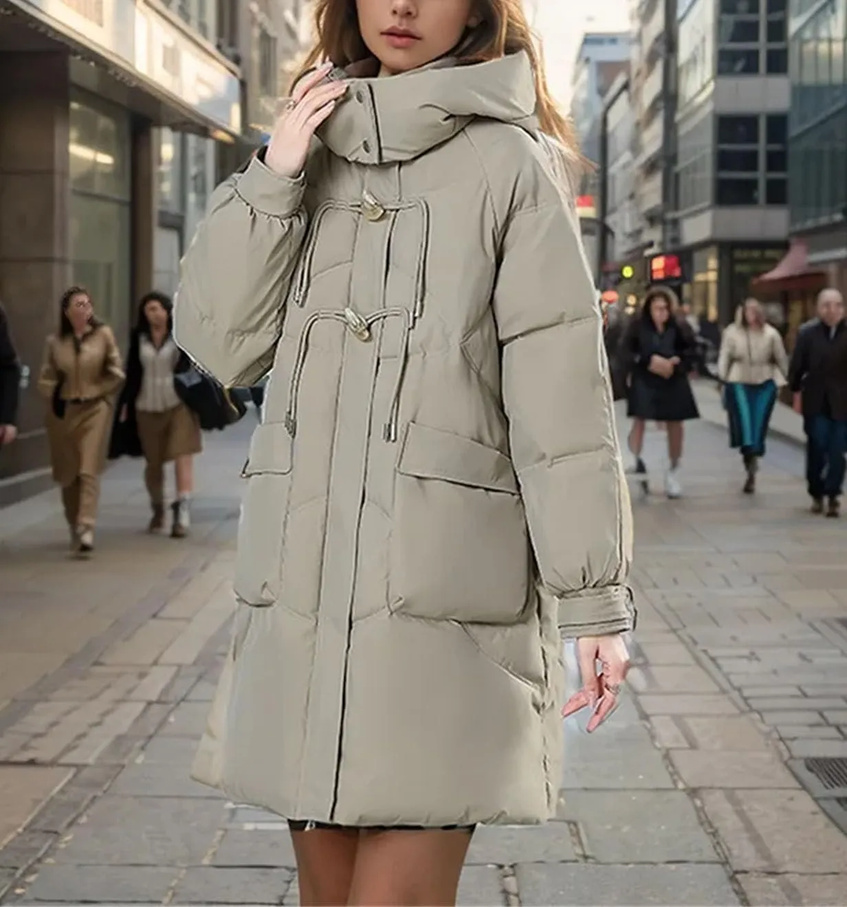 Women's Hooded Mid-Long Cotton-Padded Jacket Casual Button Stand Collar Warm Parka Coat