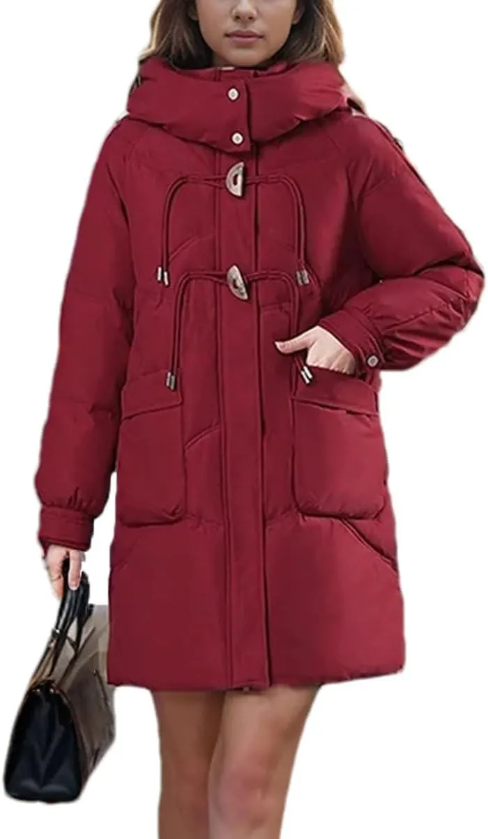Women's Hooded Mid-Long Cotton-Padded Jacket Casual Button Stand Collar Warm Parka Coat