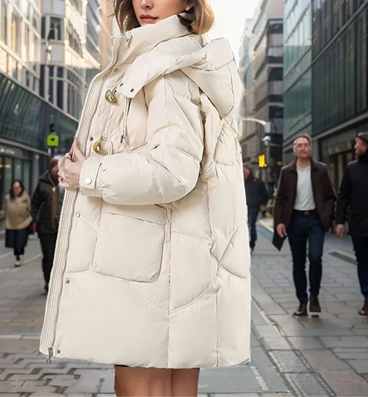 Women's Hooded Mid-Long Cotton-Padded Jacket Casual Button Stand Collar Warm Parka Coat