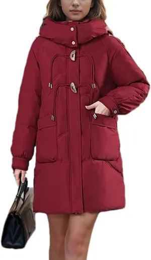 Women's Hooded Mid-Long Cotton-Padded Jacket Casual Button Stand Collar Warm Parka Coat