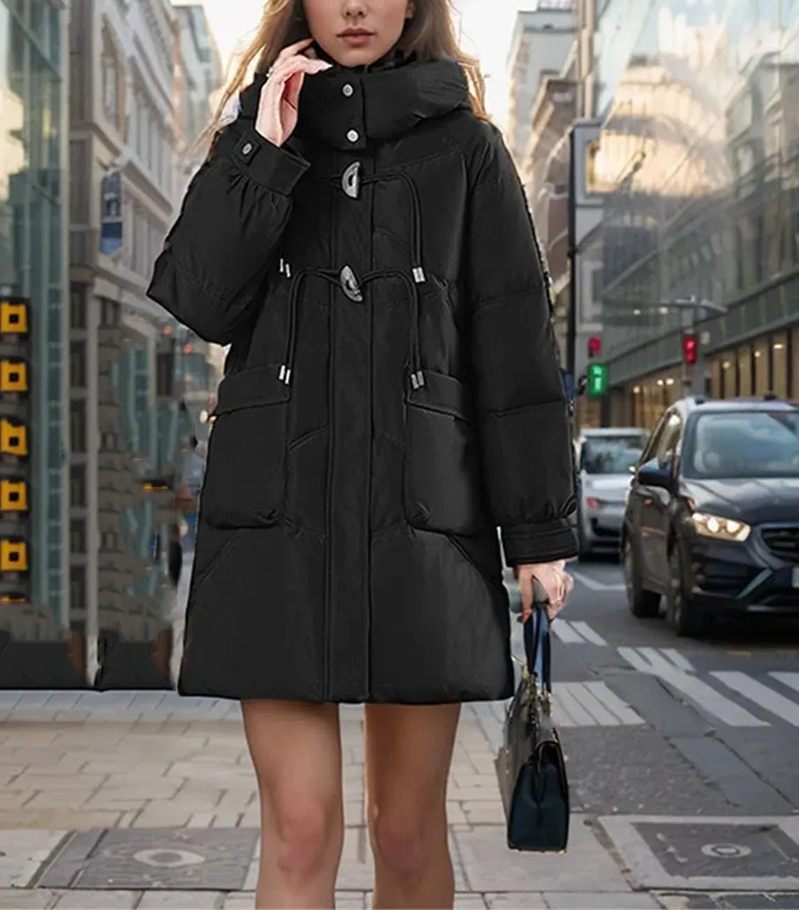 Women's Hooded Mid-Long Cotton-Padded Jacket Casual Button Stand Collar Warm Parka Coat