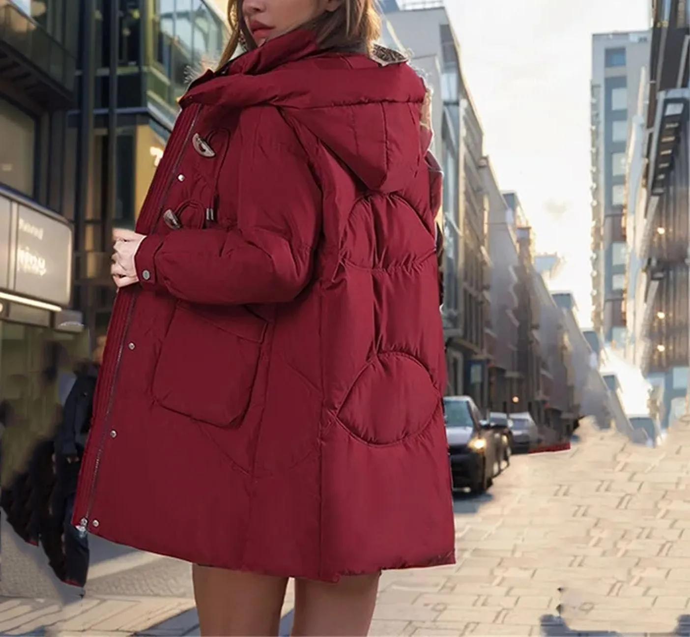 Women's Hooded Mid-Long Cotton-Padded Jacket Casual Button Stand Collar Warm Parka Coat