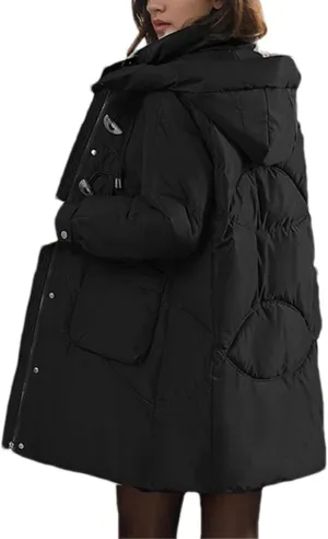 Women's Hooded Mid-Long Cotton-Padded Jacket Casual Button Stand Collar Warm Parka Coat