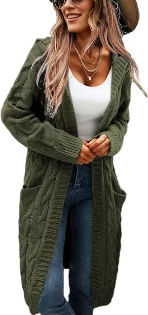 Women's Hooded Open Front Long Cardigan Cable Knit Sweaters Side Pocket Oversized Chunky Cardigan Outwear Coat