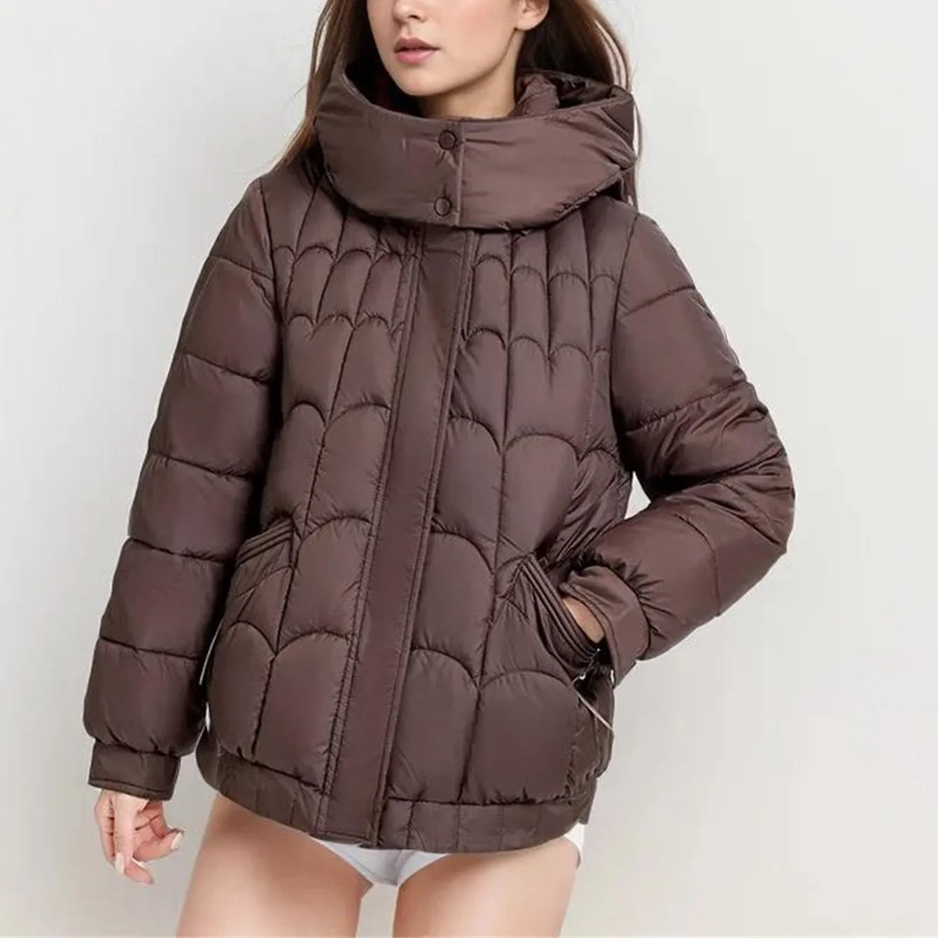 Women's Hooded Stand Collar Cotton-Padded Jacket Casual Warm Short Zipper Button Parka Coat