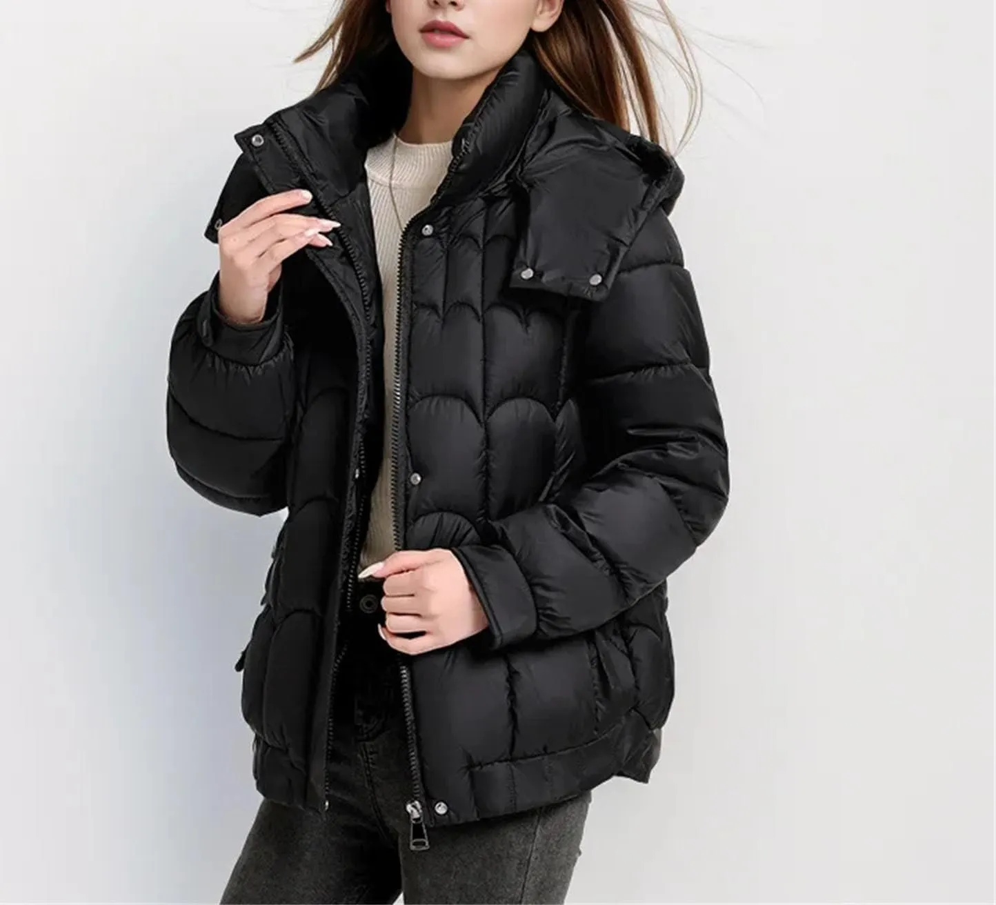 Women's Hooded Stand Collar Cotton-Padded Jacket Casual Warm Short Zipper Button Parka Coat