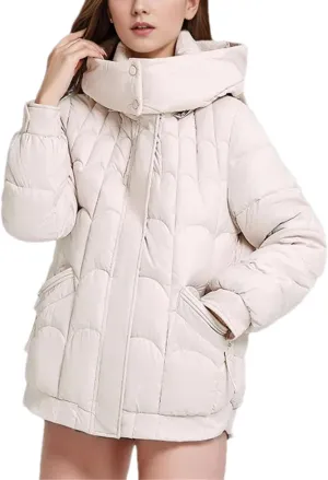 Women's Hooded Stand Collar Cotton-Padded Jacket Casual Warm Short Zipper Button Parka Coat