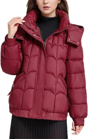 Women's Hooded Stand Collar Cotton-Padded Jacket Casual Warm Short Zipper Button Parka Coat