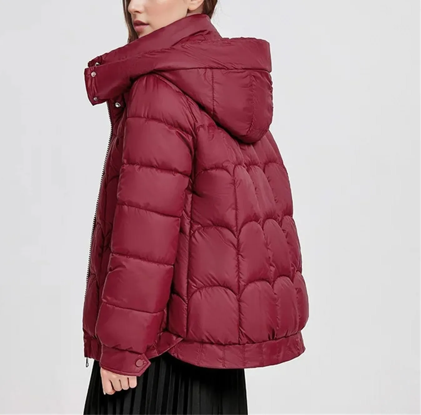 Women's Hooded Stand Collar Cotton-Padded Jacket Casual Warm Short Zipper Button Parka Coat