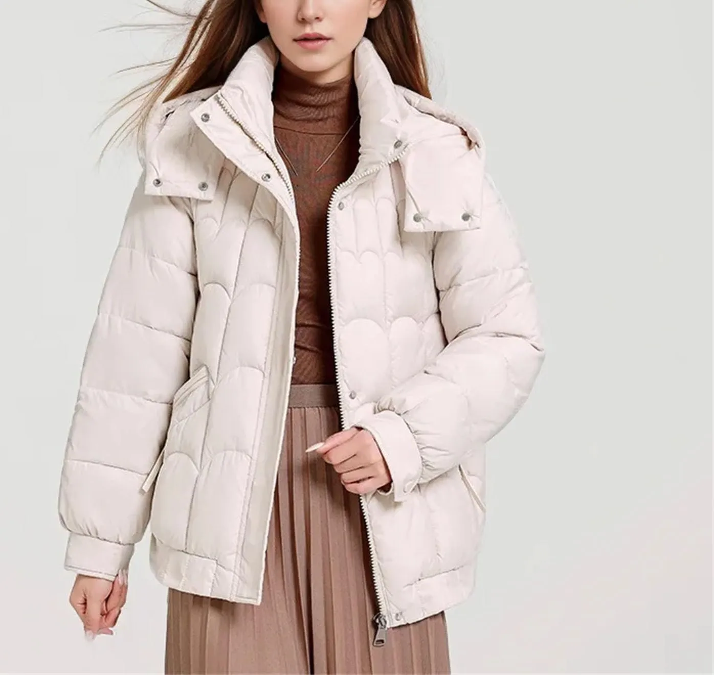Women's Hooded Stand Collar Cotton-Padded Jacket Casual Warm Short Zipper Button Parka Coat