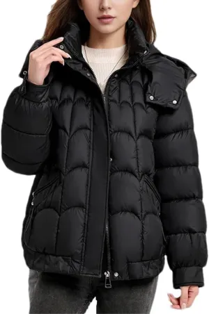 Women's Hooded Stand Collar Cotton-Padded Jacket Casual Warm Short Zipper Button Parka Coat