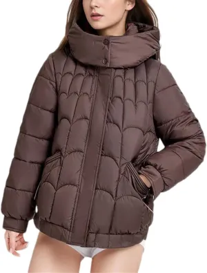 Women's Hooded Stand Collar Cotton-Padded Jacket Casual Warm Short Zipper Button Parka Coat