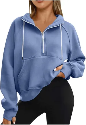 Womens Hoodies 1/2 Zipper Sweatshirts Long Sleeve Crop Tops Fleece Lined Collar Pullover Sweater Thumb Hole Shirts