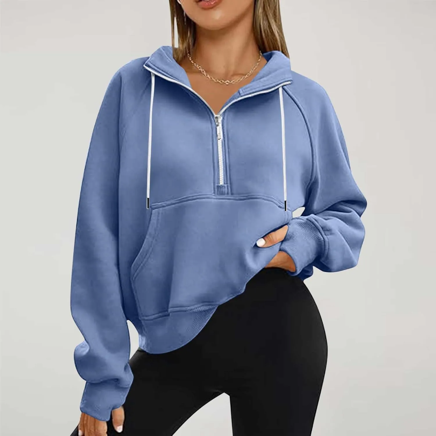 Womens Hoodies 1/2 Zipper Sweatshirts Long Sleeve Crop Tops Fleece Lined Collar Pullover Sweater Thumb Hole Shirts