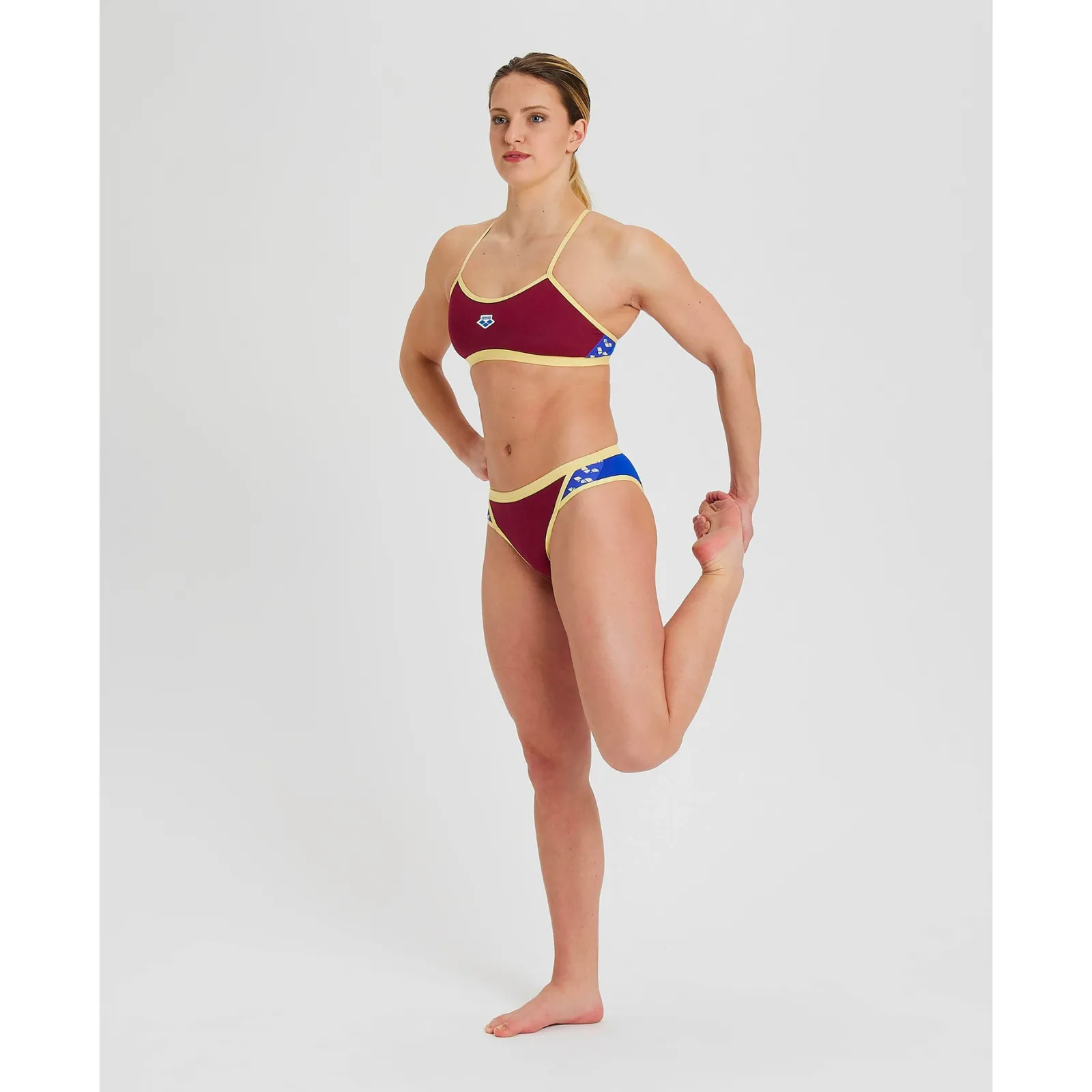 WOMEN'S ICONS CROSS BACK BIKINI SOLID - BURGUNDY/NEON BLUE/BUTTER
