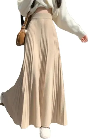 Women's Knitted Long Skirts Pleated A-Line Skirt Thick Warm Casual Women Midi Dress